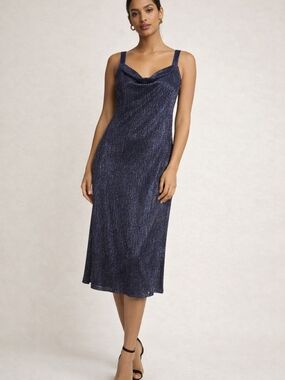 R&M Richards Metallic Pleated Navy Dress 16W Cowl Neck Evening Party